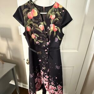 Ted Baker, Size 4 (USA 8), black with flowers, pockets + belt